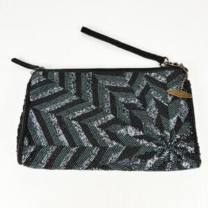 Mary Frances Starburst Beaded Navy Blue Dark Teal Silver Clutch Wristlet NWOT